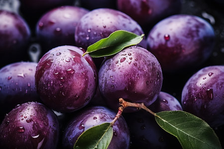 Ripe organic plums in autumn tray market, agriculture farm background top viewの素材