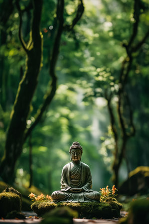 A serene and peaceful image of a Buddha statue in a cross-legged meditation poseの素材