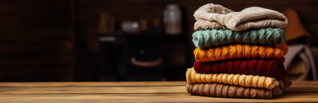 Pile of knitted winter clothes on wooden backgroundの素材