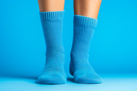 Legs in knitted woolen blue socks isolated on solid backgroundの素材