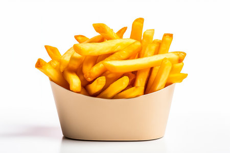 French fries in a special fast food yellow box isolated on white backgroundの素材