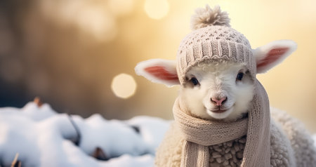 Cute sheep wearing knitted scarf and beanie adds a touch of humor to the cold winter weatherの素材