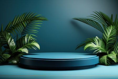3D realistic render of a blue podium with a spotlight and plants for organic product presentationの素材