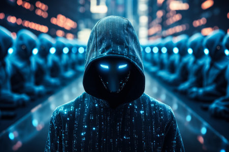 Portrayal of AI robot hacker surrounded by a network of glowing dataの素材