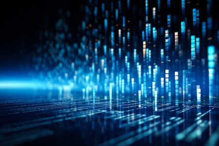 Conceptual digital backdrop where binary code and advanced AI algorithms are set in motion against a serene blue canvasの素材