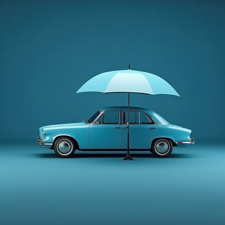 Modern blue automobile under umbrellaの素材