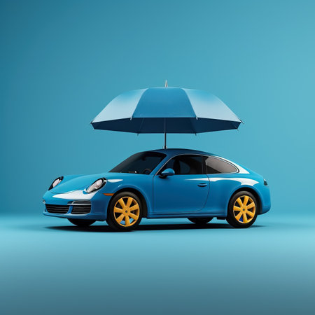 Modern blue automobile under umbrellaの素材