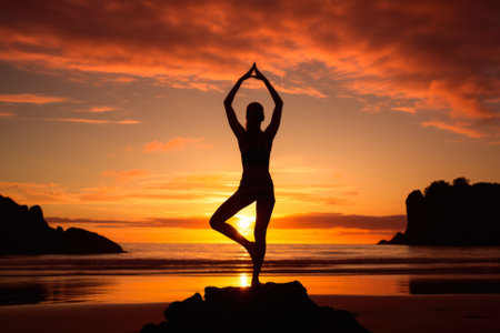 Beach sunrise with yoga practiceの素材