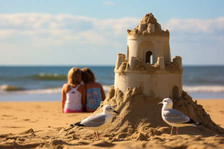 Family sandcastles and seagullsの素材