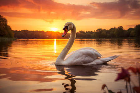 Swan on a tranquil lake at sunsetの素材