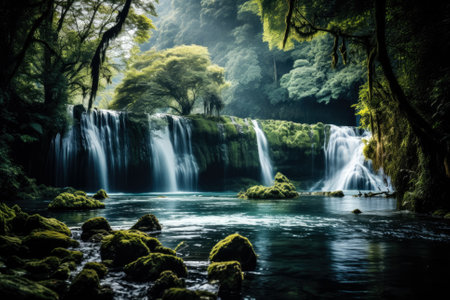 Majestic waterfall in lush forestの素材