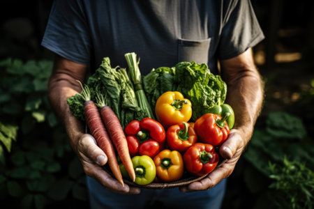 Farmer holding fresh-picked vegetablesの素材
