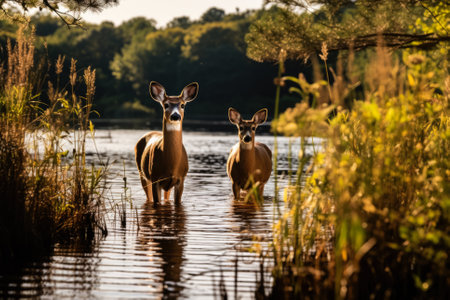 Deer at calm pond's edgeの素材