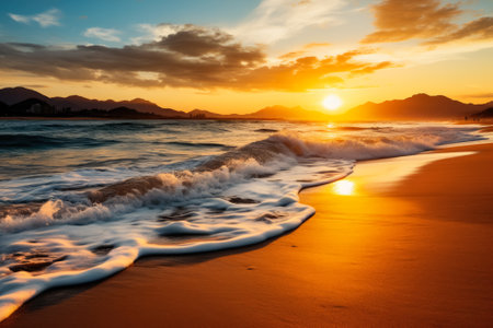 Serene beach sunset with golden huesの素材