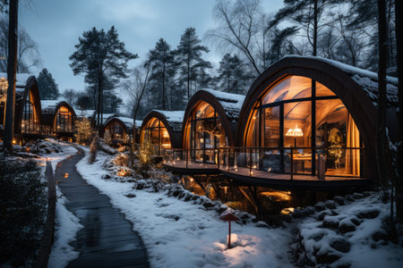 Eco-friendly ecolodge or eco-lodge wooden winter luxury eco-houses at the nightの素材