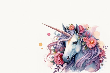 Cute unicorn with flowers isolated on a white background Watercolor illustrationの素材