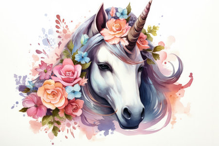 Cute unicorn with flowers isolated on a white background Watercolor illustrationの素材
