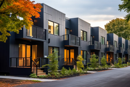 Modern modular private black townhouses showcasing residential architecture exterior serving as a background for illustrating construction boom housing market trends behaviors and investing in real estateの素材