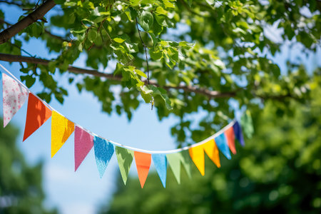 Colorful pennant string decoration in green tree foliage against blue sky; summer party background with space for textの素材