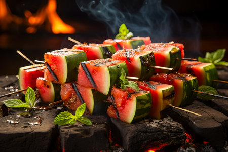 Watermelon skewers fried over a flame create a delicious treatの素材