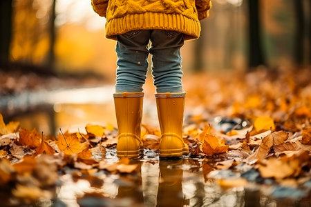 Child standing on foliage legs in boots standing in autumn puddle with orange leavesの素材