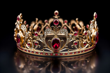 Isolated gold crown with red jewels depicting a medieval design placed on a white backgroundの素材