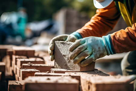 Man wearing gloves holding a brick close-up view working on construction siteの素材