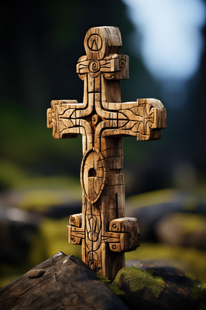 AI-generated close-up of an ancient wooden religious cross in a prayerful poseの素材
