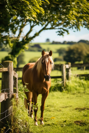 A saddled horse tethered to a wooden fence in a lush green fieldの素材
