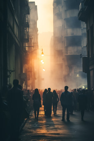 A hazy group of unidentified people gathering on the streetの素材