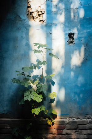 A blue shadow appears on the wall from the sunlight filtering through the leavesの素材