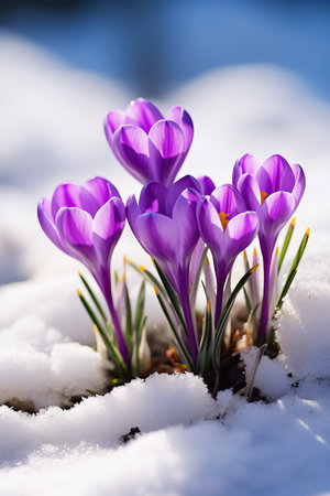 Crocuses vibrant purple flowers emerging from the snow blooming in early spring with room for textの素材