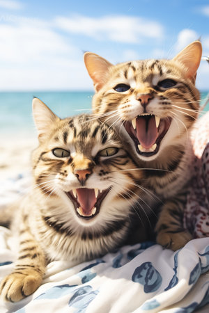 Happy young couple enjoying beach fun with their Bengal catの素材