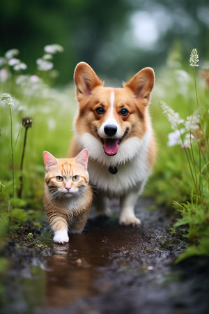 Furry friends, a red cat and a corgi dog walk in a summer meadow amid warm raindropsの素材