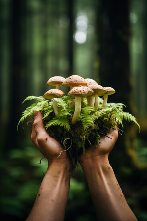 A close-up of a hand holding a recently foraged mushroom in a lush forest background with empty space for textの素材
