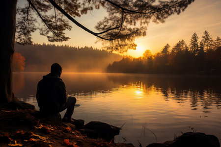 A fisherman patiently waits as the setting sun casts a warm and golden glow over the tranquil autumn lakeの素材