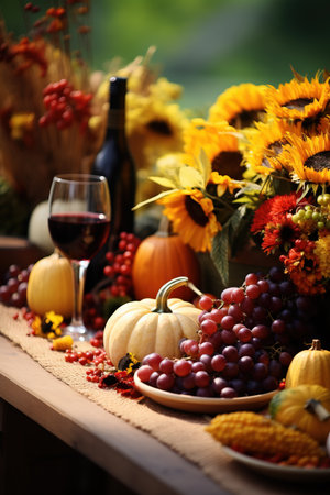 A colorful outdoor harvest festival featuring a beautifully decorated table background with empty space for textの素材