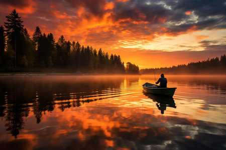 A serene silhouette of a fisherman casting his line into a vibrant sunset reflecting the beauty of autumn on calm lakesの素材