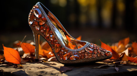 A stylish diamond-studded heel surrounded by autumn leaves showcasing the glamour and elegance of September Fashion Weekの素材