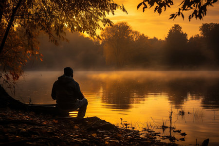 A fisherman patiently waits as the setting sun casts a warm and golden glow over the tranquil autumn lakeの素材