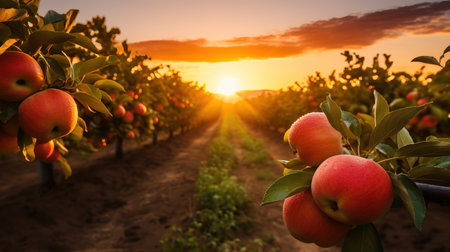 A warm sunset over a sprawling apple orchard background with empty space for textの素材