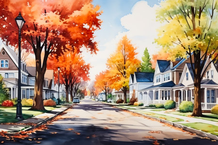 A vibrant watercolor illustration showing a cozy American small town in autumn with colorful leaves and charming architectureの素材