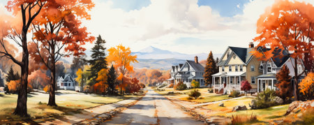 A picturesque watercolor painting showcasing a charming American small town in autumn background with empty space for textの素材