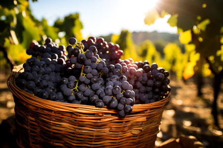 A basket filled with freshly harvested grapes capturing the essence of a bountiful wine seasonの素材
