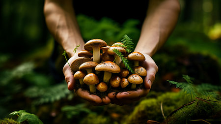 A close-up shot of a hand holding freshly foraged mushrooms against a lush green forest background with empty space for textの素材