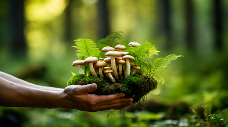 A close-up shot of a hand holding freshly foraged mushrooms against a lush green forest background with empty space for textの素材