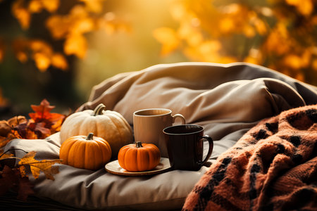 A cozy fall picnic setup with plaid blankets pumpkins and coffee cups background with empty space for textの素材