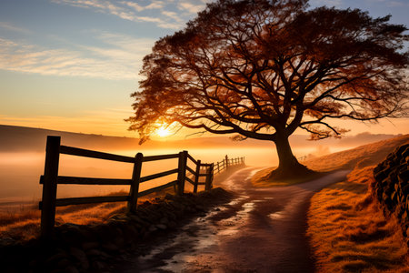 Beautiful landscape image of misty sunrise with old oak tree in foregroundの素材