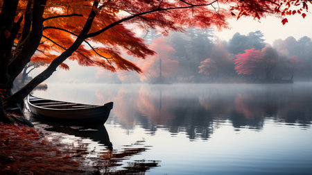 Foggy autumn morning on the lake with boat and red leavesの素材