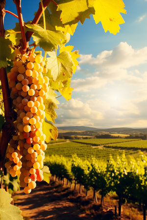 Vineyard landscape under the autumn sun background with empty space for textの素材